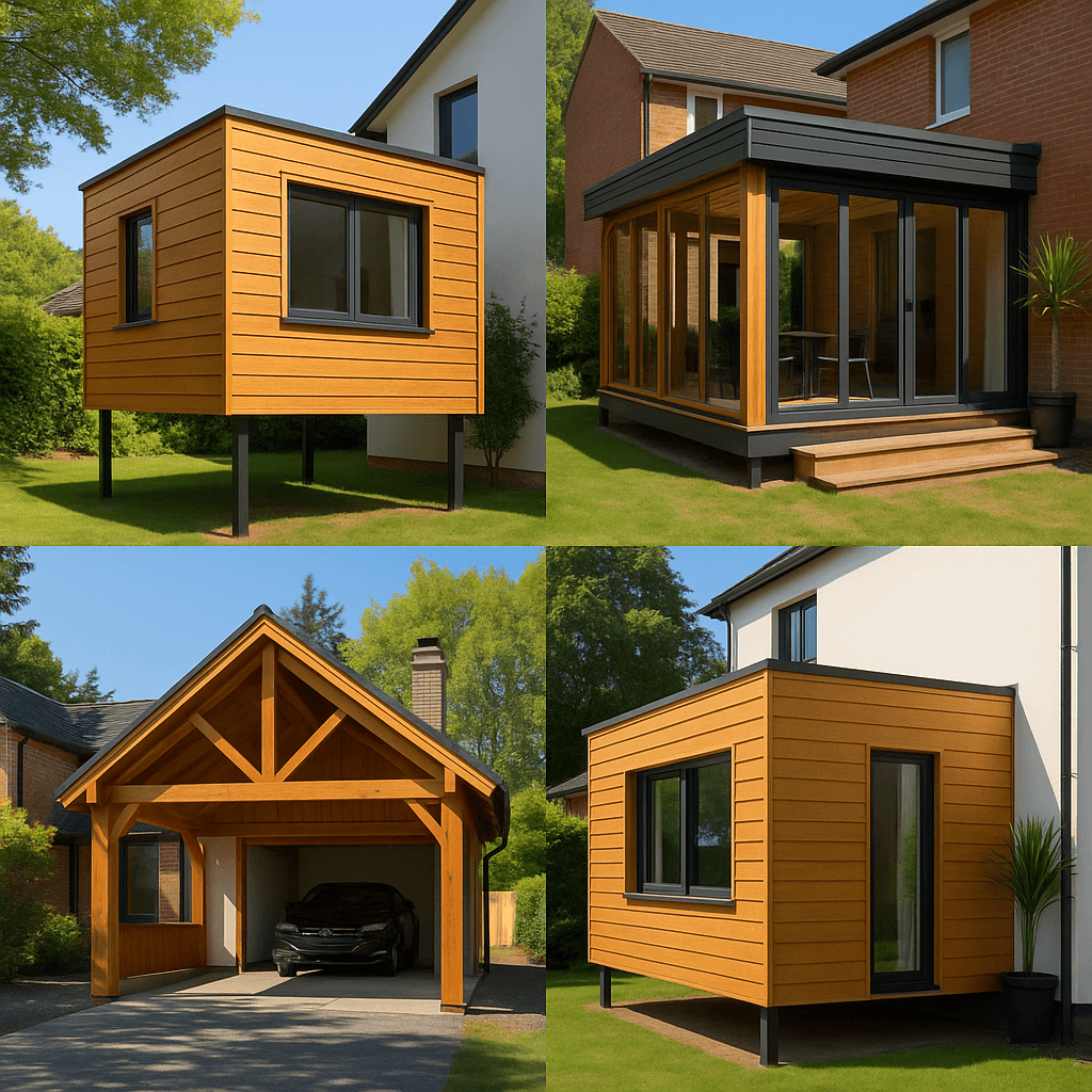 exemple d'extension bois maison : sur pilotis, véranda, garage/annexe, latérale pour une pièce supplémentaire
