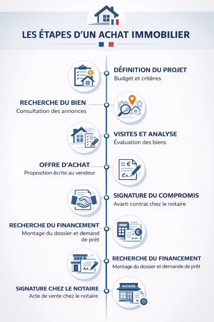 schéma explicatif qui détaille les étapes pour acheter un bien immobilier