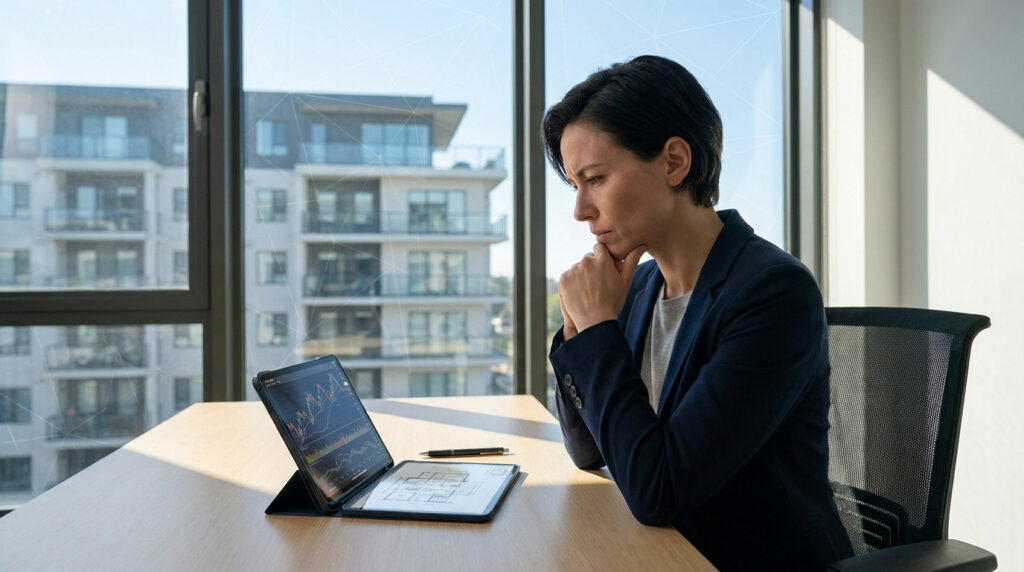 Une femme d'affaires réfléchie devant une tablette montrant des graphiques financiers et un plan d'appartement.
