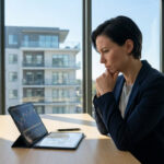 Une femme d'affaires réfléchie devant une tablette montrant des graphiques financiers et un plan d'appartement.