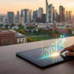 Une main utilise une tablette avec des graphiques de croissance financière devant une vue sur une ville au coucher du soleil.