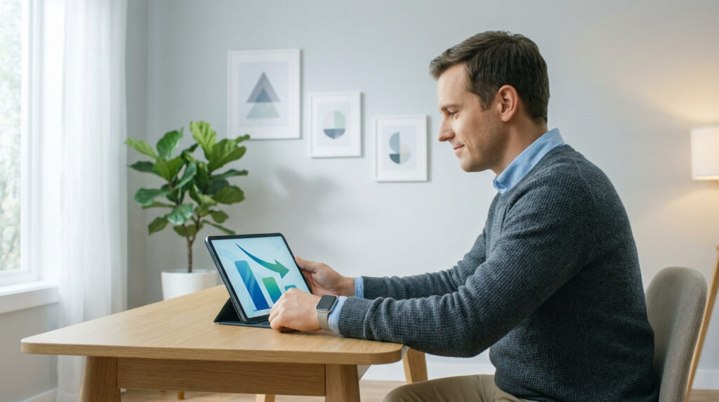 Un homme souriant consulte une tablette affichant un graphique financier avec une flèche descendante.