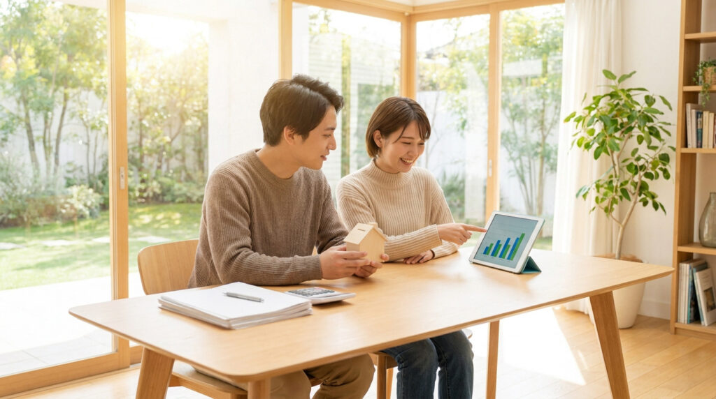 Un jeune couple assis à une table en bois examine des données immobilières sur une tablette numérique.