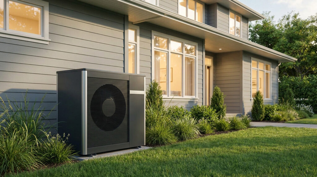 Pompe à chaleur moderne installée dans le jardin d'une maison individuelle grise.