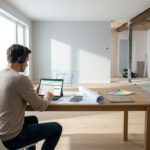 Homme travaillant sur un budget de rénovation sur tablette pendant qu'un ouvrier utilise un laser sur un chantier.
